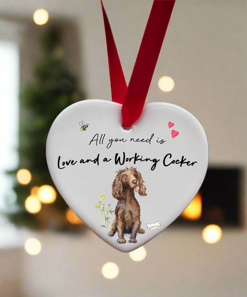 Love and a Cocker (Working) Liver Ceramic Heart